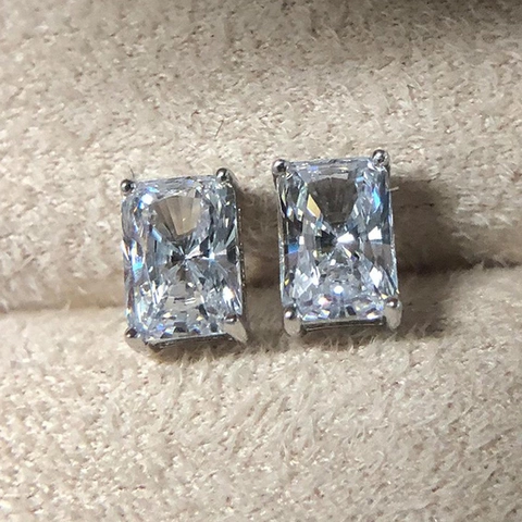 Pendientes De Botón De Circona Corte Radiante Cobre Chapado En Oro Blanco Engaste De Garras Joyería Rectangular Para Mujer