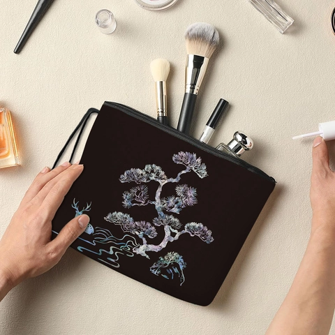 Borsa Cosmetica Portatile Imitazione Lino Laser Pino Cervo Stampa Viaggio Beauty Case Con Cinturino Da Polso Organizzatore