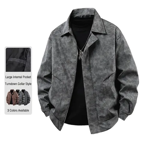 Giacca Casual Uomo Pelle Sintetica Invecchiata Antivento Colletto Rovesciato Cerniera Moda High Street Colore Solido