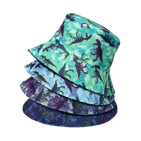 Unisex Printed Bucket Hat Polyester Reversible Sun Protection Outdoor Beach Travel Retro Dinosaur Cartoon Fashion