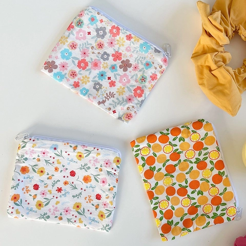 Mini Porte-monnaie Coton Canevas Fermeture Éclair Petit Sac De Rangement Frais Floral Imprimé Fruit Organisateur Pour Femmes