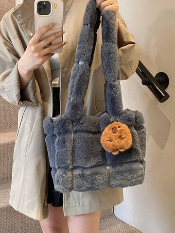 Damen Plüsch Tote Bag Kunstfell Gesteppt Gewebt Kariert Schulterhandtasche Mit Bärenanhänger Weich Warm Winter Lässig