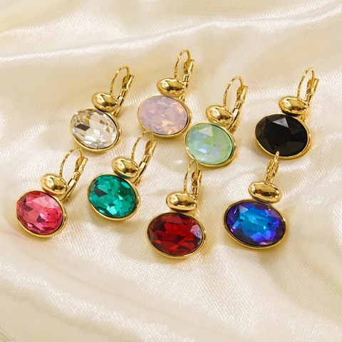 Oval Zircon Leverback Earrings Women Stainless Steel Colorful Crystal Drop Jewelry Retro Minimalist Elegant