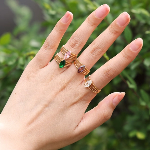 Marquise Zirconia Stainless Steel Ring Women Vintage Gold Plated Multi Layer Beaded Open Adjustable Jewelry Finger
