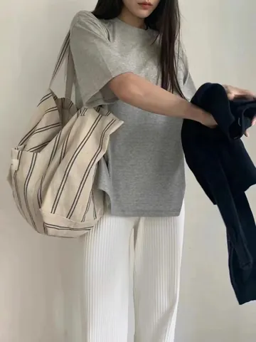 Bolso Tote Grande De Lona Bolso De Hombro A Rayas Estilo Simple Informal Para Mujer Gran Capacidad Viaje Compras