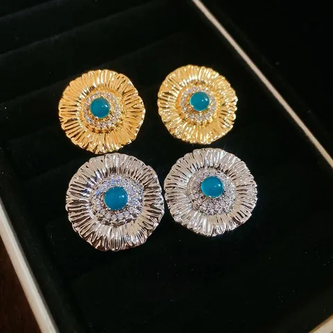 Vintage Sonnenblumen Ohrstecker Kupfer Türkis Zirkonia Französischer Stil Damen Mit 925 Sterling Silber Ohrringstecker