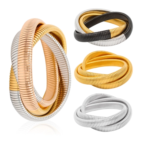 Multi-Layer Elastic Coiled Bracelet 18K Gold Plated Stainless Steel Hip Hop Flexible Tubogas Bangle Fashion Jewelry