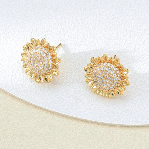 Pendientes de Botón de Girasol Circonia Cobre Chapado en Oro Floral Pendientes Elegantes Botánicos Mujer Joyería de Moda