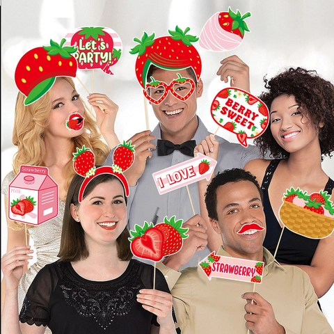 Aardbei Feest Foto Rekwisieten Papier Karton DIY Selfie Sticks Voor Verjaardag Zomer Hawaii Evenement Decor