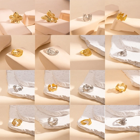 Stainless Steel Rings For Women Men Adjustable Open Ring Vintage Filigree Butterfly Ginkgo Leaf Flower Lava Texture