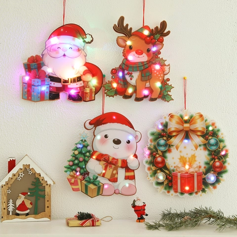 Décoration Suspendue LED Lumineuse de Noël Dessin Animé Père Noël Renne Ours Polaire PVC Lumière Ornement Fête Accessoires Photo
