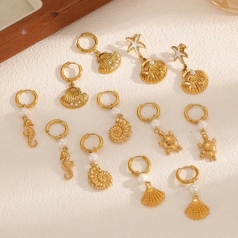 Ocean Series Hoop Earrings 18K Gold Plated Stainless Steel Marine Animal Shell Seahorse Starfish Artificial Pearl For Women