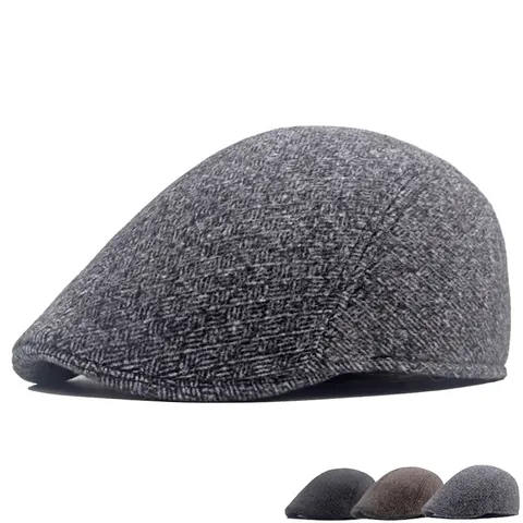 Men Retro Flat Cap Ivy Newsboy Hat Winter Warm Thickened Cotton Polyester Herringbone Texture Adjustable British Style Casual