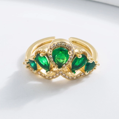 Verstellbarer Offener Ring Geometrisch Kupfer 18K Vergoldet Smaragdgrüner Zirkon Französischer Luxus Schmuck Damen