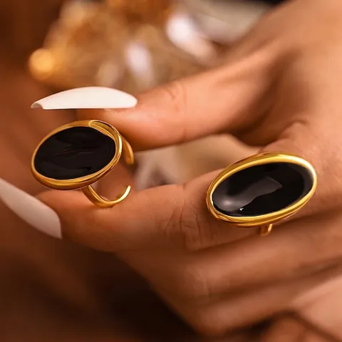Stainless Steel Oval Black Enamel Ring Chunky French Vintage Style Adjustable Open Finger Jewelry For Women