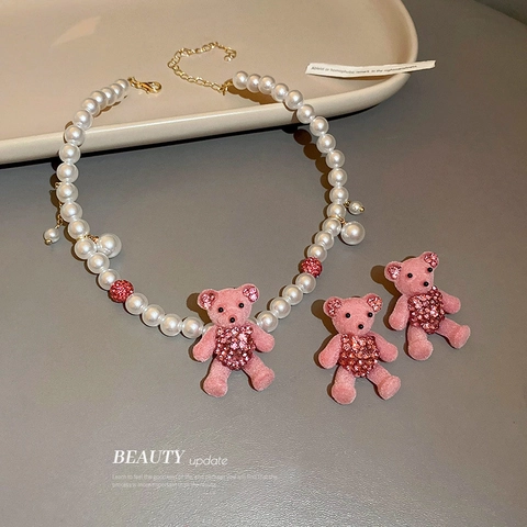 Cute Pink Flocked Bear Earrings And Necklace Rhinestone Alloy Jewelry With Silver Earring Post Cartoon Sweet For Women