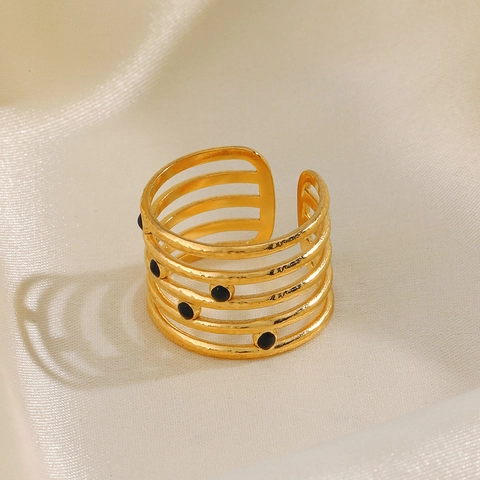 Anello Aperto In Acciaio Inossidabile Design Multistrato Punti Smalto Nero Texture Martellata Gioielli Regolabili Donne