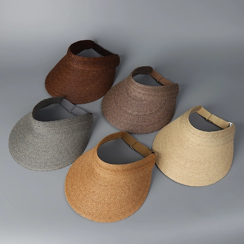 Chapeau Visière Solaire En Paille De Raphia Femme Large Bord Réglable Pliable Été Plage Voyage Calotte Ouverte