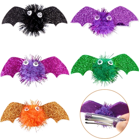 Fermaglio Capelli Pipistrello Halloween Ali Glitterate Palla Peluche Occhi Divertenti Clip Festival Festa Decorazione Accessorio