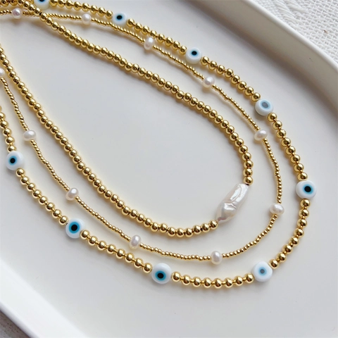 Gold Beaded Necklace With Irregular Artificial Pearls And Evil Eye Charms Handmade Boho Adjustable Jewelry For Women