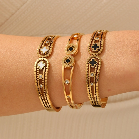 Titanium Stalen Armband 18K Verguld Klaver Schelp Romeinse Cijfers Zirkoon Trendy Luxe Voor Dames