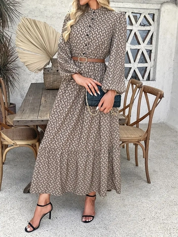 Vintage Maxi-Jurk Met Geometrische Print Voor Dames Lange Mouwen Hoge Taille A-Lijn Elegant Boheems Acetaat Polyester