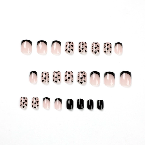 Uñas Postizas French Tip Cuadradas Diseño De Corazón Negro Uñas Artificiales Manicura Para Mujeres Salón En Casa