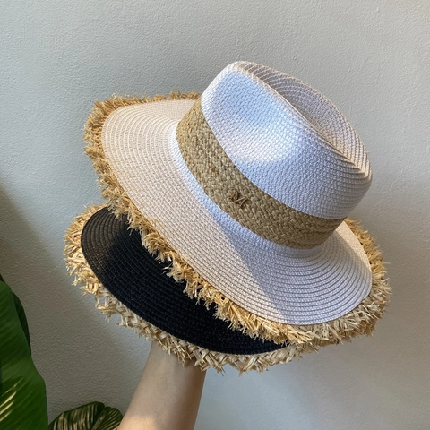 Französischer Vintage Stroh Fedora Hut Damen Sonnenschutz Ausgefranster Rand Papier Gewebt Strandurlaub Jazz Kappe
