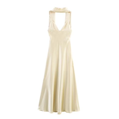 Abito Lungo Halter In Raso Scollo A V Profondo Schiena Scoperta Cravatta A Sciarpa Elegante Festa Per Donne