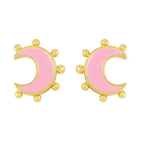 Moon Crescent Stud Earrings 18K Gold Plated Copper Colorful Enamel Bead Edge Bohemian Vintage Ethnic Style Women Jewelry