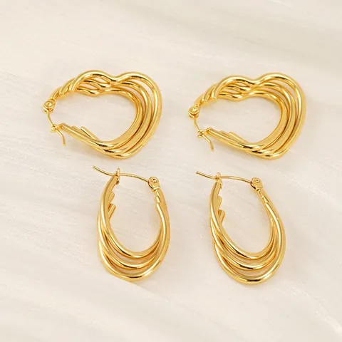 Boucles D'oreilles Créoles En Acier Inoxydable Plaqué Or 18 Carats Pour Femmes Multi Couches Forme Cœur Ovale