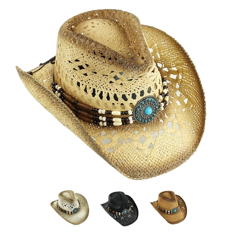 Western Cowboy Straw Hat Wide Brim Hollow Breathable Paper Weave Ethnic Turquoise Bead Band Sun Beach For Women Men