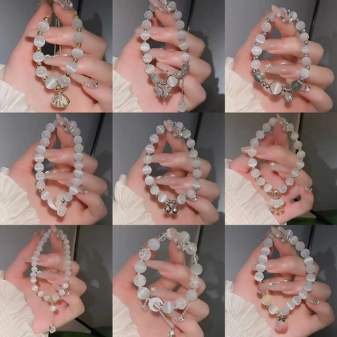 Bracciale Di Perline In Pietra Occhio Di Gatto Con Ciondoli In Lega Cuore Farfalla Regolabile Elegante Gioielli Da Donna