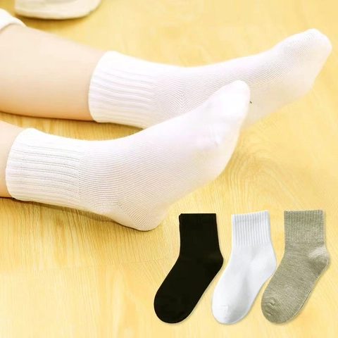 Childrens Socks Knitted Cotton Blended Breathable Sweat Absorbent School Sports Daily Solid Color Ribbed Boys Girls