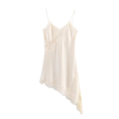 Vestito Camisole Elegante Da Donna In Raso Di Acetato Pizzo Scollo A V Orlo Asimmetrico Senza Maniche Resort Moda Midi