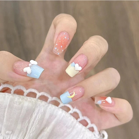 Press On Nails Artificial False Nail Tips French Style Sweet Cute 3D Bow Heart Moon Design Glossy Square Shape For Women