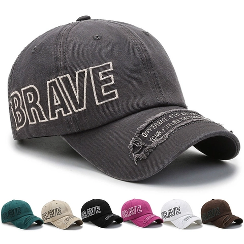 Brave Letter Embroidered Baseball Cap Washed Cotton Twill Distressed Frayed Brim Vintage Retro Outdoor Sun Hat Unisex