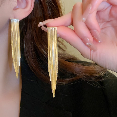 Elegant Long Tassel Earrings With Silver Earring Post Copper Gold Plated Stepped Snake Chain Geometric For Women