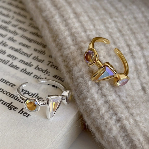 Anello In Argento Sterling 925 Per Donna Regolabile Aperto Geometrico Zircone Iridescente Gioielli Minimalisti Semplici