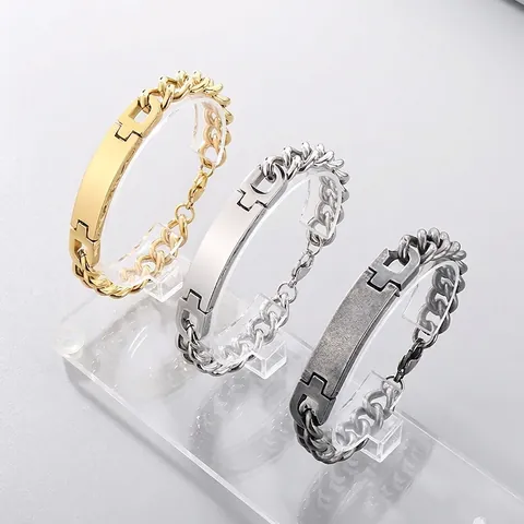 Men Stainless Steel Cuban Chain ID Bracelet With Rectangular Flat Bar Minimalist Trendy Hip Hop Jewelry For Daily Wear