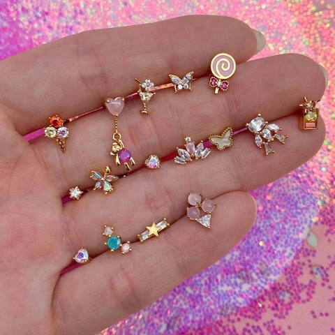 Zircon Piercing Stud Earrings Butterfly Heart Flower Crown Bear Screw Ball Back Brass Stainless Steel Post For Women