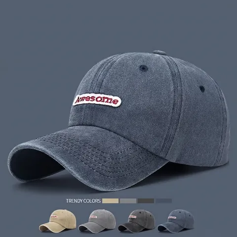 Washed Cotton Baseball Cap Awesome Letter Embroidery Vintage Distressed Sun Protection Adjustable For Men Women
