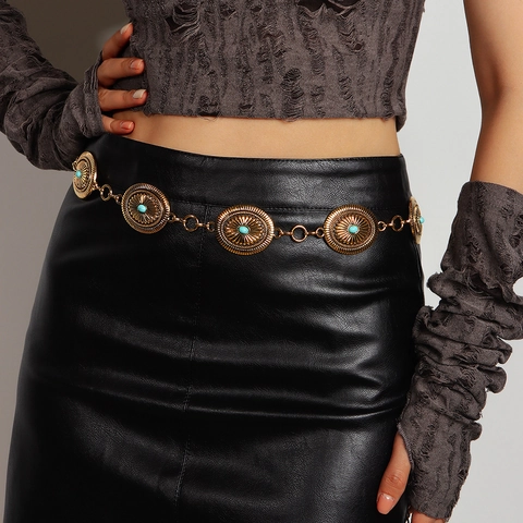 Cinturón De Cadena De Cintura Bohemio Vintage Aleación Metal Tallado Ovalado Piedras Turquesa Estilo Étnico Para Mujeres Ajustable