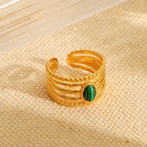 Vintage French Palace Style Open Ring Stainless Steel Multi Layer Hollow Green Malachite Oval Gemstone Adjustable For Women