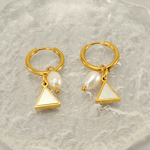 Créoles En Acier Inoxydable Avec Künstliche Perle Baroque Et Pendentifs Triangulaires En Nacre Géométrique Plaqué Or 18K Femmes