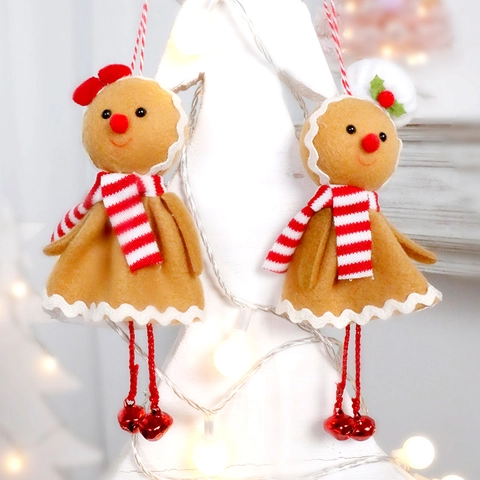 Χριστουγεννιάτικο Κρεμαστό Στολίδι Gingerbread Man Από Τσόχα Με Ριγέ Κασκόλ Και Κόκκινα Κουδουνάκια