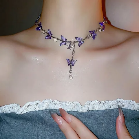 Collier Pendentif Papillon Violet Cuivre Verre Cristal Strass Forme Y Goutte Fée Bijoux Élégants Cadeau Pour Femmes