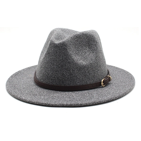 Vintage Wide Brim Fedora Hat Wool Felt Jazz Cap With Leather Belt Golden Buckle Western Cowboy Style Men Women