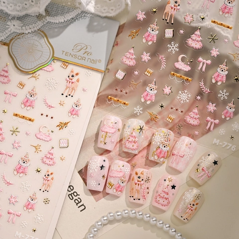Autocollants Ongles Noël 5D Relief Rose Hiver Dessin Animé Ours Cerf Flocon Neige Auto-Adhésifs Stéréoscopiques Manucure DIY