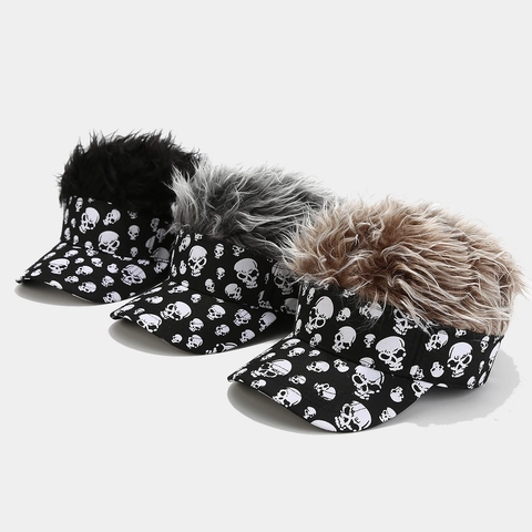 Visiera Con Parrucca Sintetica A Punte Stampa Teschio Cotone Punk Streetwear Cappello Da Festa Regolabile Novità